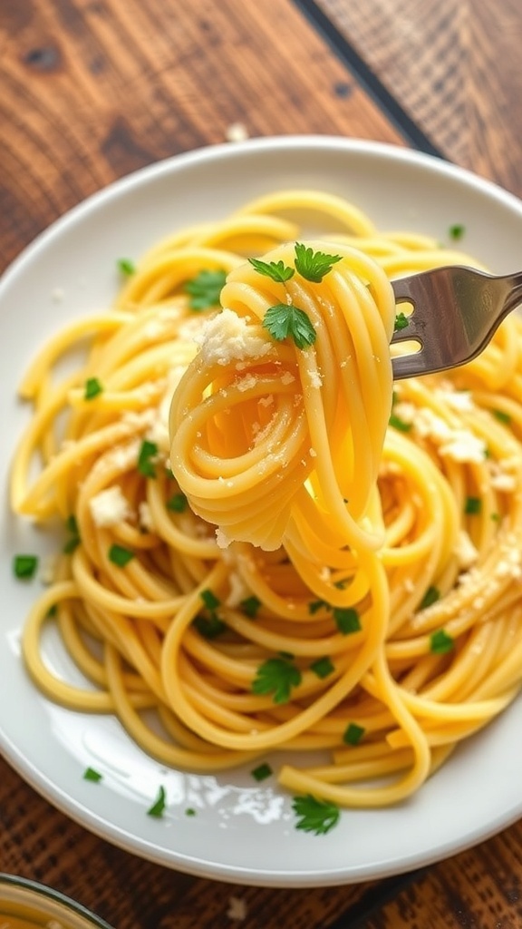 A plate of butter noodles garnished with parsley and Parmesan cheese on a rustic table.